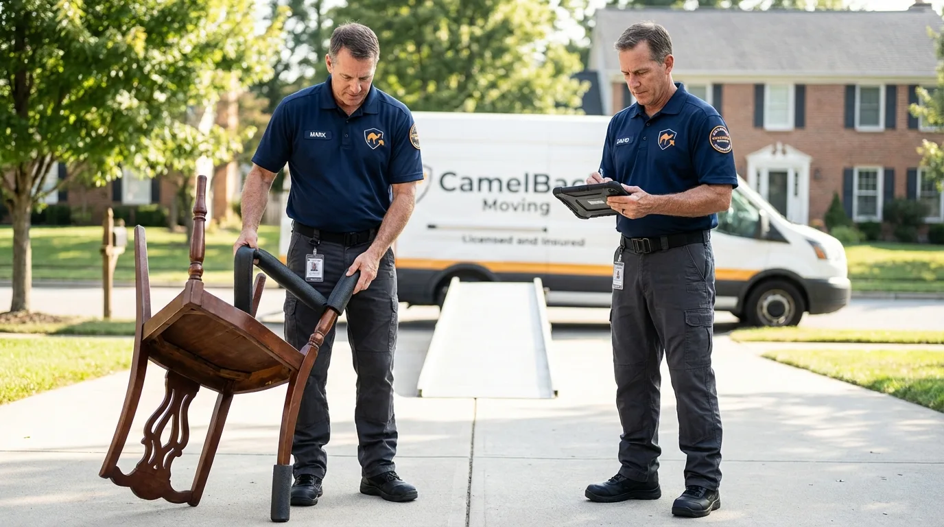 Movers inspecting furniture for damage prevention before loading in Vail, AZ