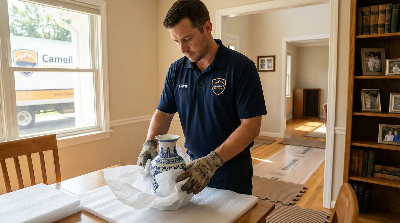 Professional crew carefully wrapping antique vase for senior downsizing move in Vail, AZ